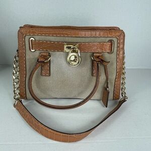 Michael Kors Hamilton Natural Canvas Leather Croc Shoulder Bag